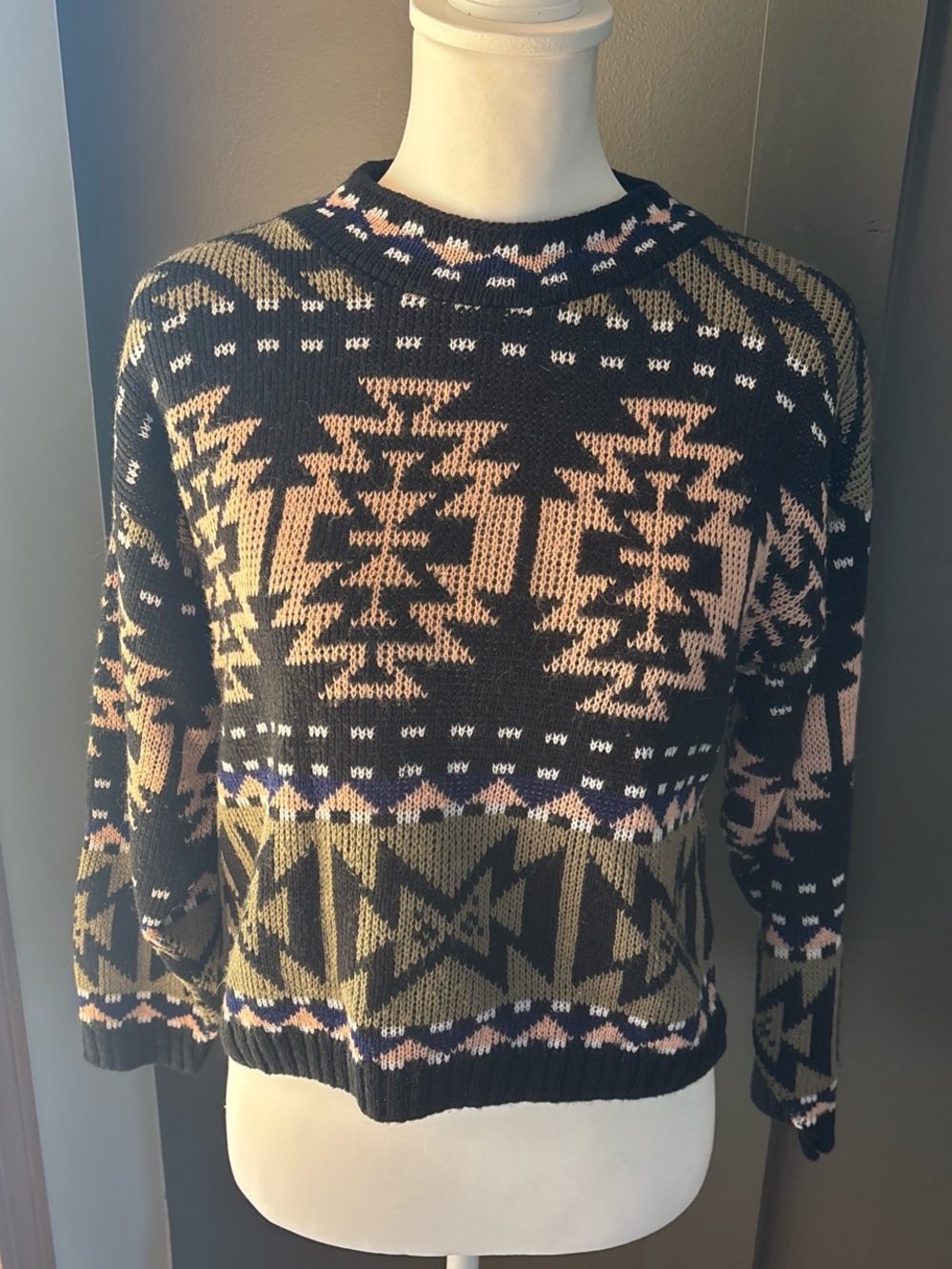 Vintage Helium USA Acrylic Aztec Geometric Knit Sweater Black Olive Pink XS-S